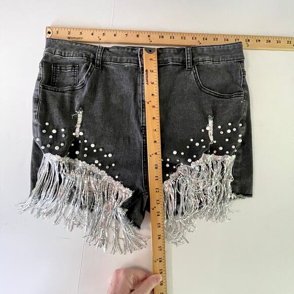 Black Stonewash Sequin Fringe Rhinestone Pearl Beads Shorts Sz XXL Stretch Denim - Picture 9 of 12